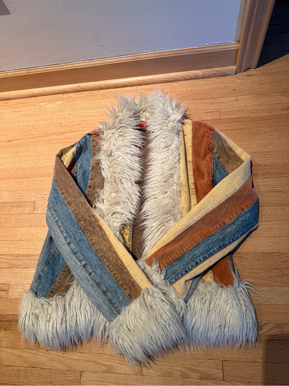 Patchwork Corduroy and Denim Faux-Fur Trim Jacket - Y2K penny lane style